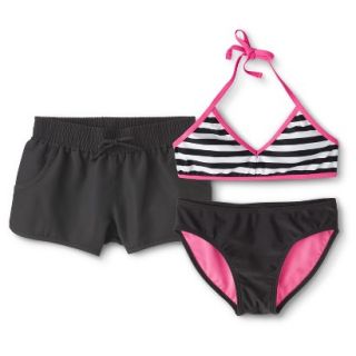 Girls Striped Bikini Top, Swim Bottom and Board Short Set   Black/Pink L