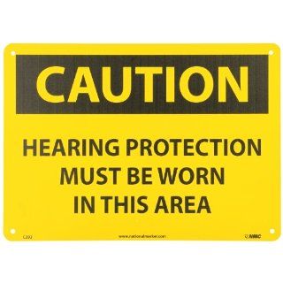 NMC C393AB OSHA Sign, Legend "CAUTION   HEARING PROTECTION MUST BE WORN IN THIS AREA", 14" Length x 10" Height, Aluminum, Black on Yellow Industrial Warning Signs