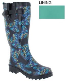 Capelli New York Shiny Painted Butterflies Ladies Tall Sporty Rubber Rain Boot Navy Combo 8 Shoes