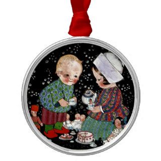 Vintage Children Having a Tea Party with Dolls Christmas Tree Ornament