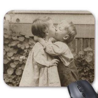 Vintage Love Romance, Children Kissing, First Kiss Mousepads