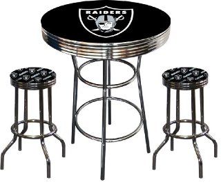 Oakland Raiders Logo NFL Football Chrome Bar Pub Table Set with 2 Swivel Bar Stools   Home Bars