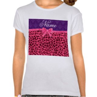 Custom name pink leopard purple damask bow t shirt