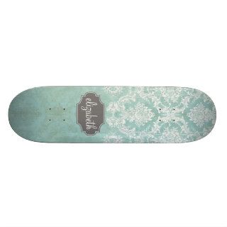 Ice Blue Vintage Damask Pattern with Grungy Finish Skate Board Deck