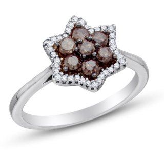 10K White Gold Halo Channel Set Round Brilliant Cut Chocolate Brown and White Diamond Engagement Ring OR Fashion Band   Flower Shape Center Setting   (1/2 cttw.) Jewelry