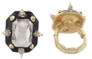 2 Pieces of Gold, Clear and Black Enamel with Rhinestone and Spikes Stretch Ring Jewelry