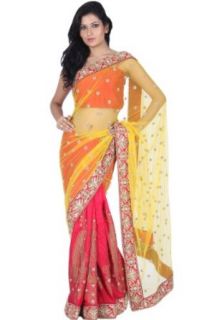 Saffron Yellow and Amaranth Red Viscose Embroidered Saree Clothing