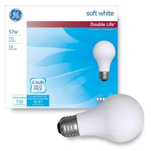 GE 57 Watt Incandescent A19 Soft White Double Life General Purpose Light Bulb (6 Pack) 57A/W/2L 6PK