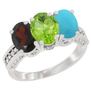 10K White Gold Natural Garnet, Peridot & Turquoise Ring 3 Stone Oval 7x5 mm Diamond Accent, sizes 5   10 Jewelry