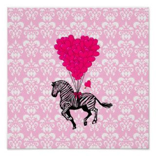 Vintage zebra & pink  heart balloons print