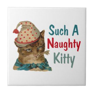 Vintage Naughty Kitty With Fish In Mouth Ceramic Tile