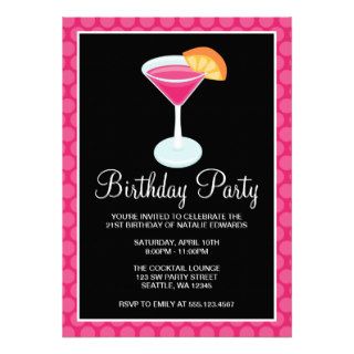 Pink Polka Dot Cocktail Drink 21st Birthday Party Custom Invitation