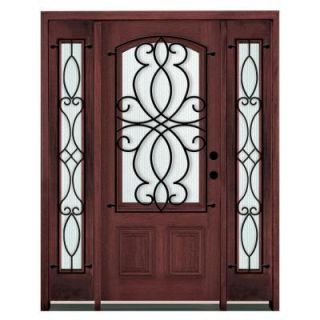 Steves & Sons Decorative Iron Grille 3/4 Arch Lite Stained Mahogany Wood Left Hand Entry Door with 14 in. Sidelites M6301 GR SD14 LH