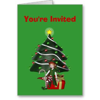 Girl Elf Tree Christmas Holiday Party Invitation Card