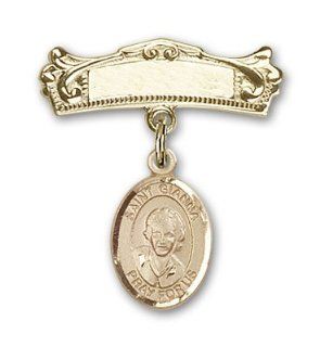 JewelsObsession's 14K Gold Baby Badge with St. Gianna Beretta Molla Charm and Arched Polished Badge Pin Jewels Obsession Jewelry