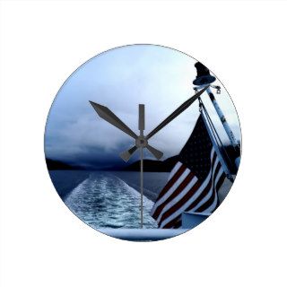 American Flag Waving Boat Alaska Wall Clock