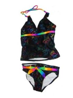 Girls 2pc Swimsuit NEON METALLIC PEACE SIGN Tankini (10, black/multi neon) Fashion Two Piece Swimsuits Clothing