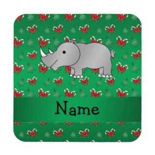 Personalized name rhino green candy canes bows coaster