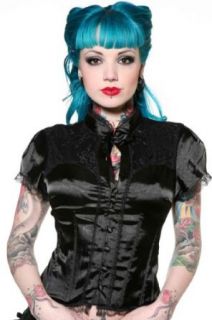 Living Dead Souls Womens Short Sleeve Satin CORSET TOP with Buttons  Black  XS Clothing