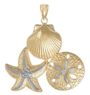 14k Gold Nautical Necklace Charm Pendant, Scallop, Starfish & Sand Dollar Clust Jewelry