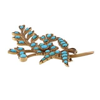 18k Yellow Gold Turquoise Leaf Estate Brooch Estate and Vintage Brooches & Pins