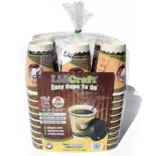 LidCraft Bundle Pack  50 Cups and 50 Lids 12 oz Cafe Design  Sleeve is Built in to Save Money, Home and Office Use Coffee Cups Kitchen & Dining