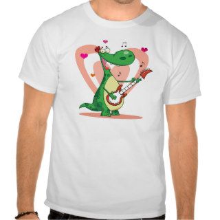 Dinosaur Plays Guitar with Hearts Background T Shirts