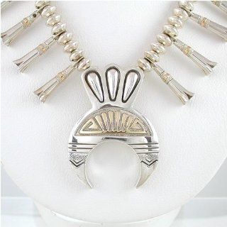 Southwestern Native American Squash Blossom Necklace in 14 kt Gold and Sterling Silver by Navajo Artists Jack and Mary Tom, #451 Taos Trading Jewelry Jewelry