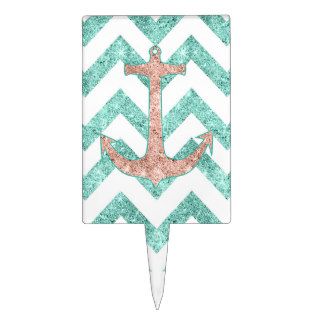 Coral Glitter Nautical Anchor Teal Chevron Zigzags Cake Pick