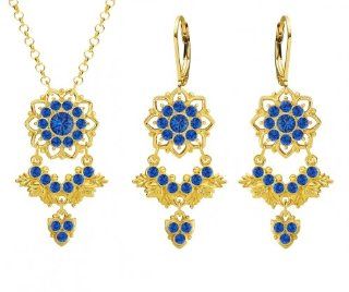 Lucia Costin Pendant and Earrings Set with Multi Petal Flowers and Leaf Elements, Designed with Blue Swarovski Crystals and Fancy Charm Accents; 24K Gold Plated over .925 Sterling Silver; Handmade in USA Earring And Necklace Sets Jewelry
