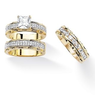 Ultimate CZ Gold Overlay Princess and Round CZ 3 piece Ring Set Palm Beach Jewelry Cubic Zirconia Rings