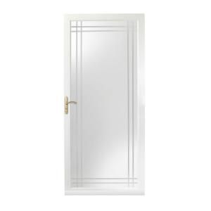 Andersen 3000 Series 36 in. White LH Full View Etched Glass Storm Door Brass Hardware with Fast and Easy Installation System 3VGBEZL36WH