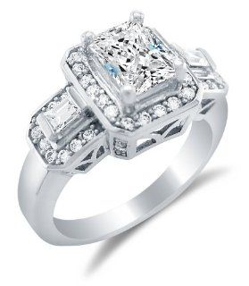 Solid 14k White Gold Emerald Cut Solitaire with Baguette and Round Side Stones Highest Quality CZ Cubic Zirconia Engagement Ring 2.75ct. Sonia Jewels Jewelry
