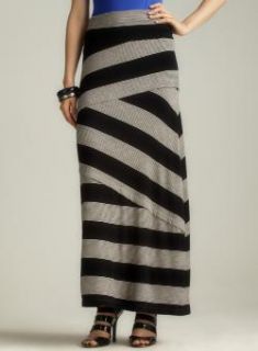 Max Studio Black Foldover Waist Asymmetric Stripe Maxi Dress Max Studio Mid length Skirts