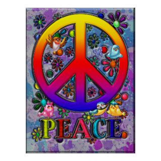 Modern Retro Peace Sign Text Birds & Flowers Poster