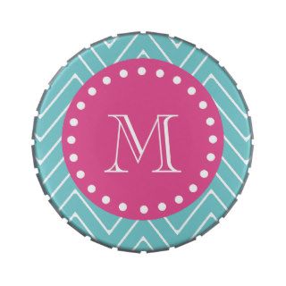 Hot Pink, Teal Blue Chevron  Your Monogram Jelly Belly Tins