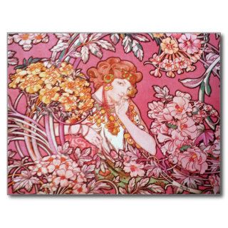 Mucha Woman Among Flowers Art Nouveau Postcards