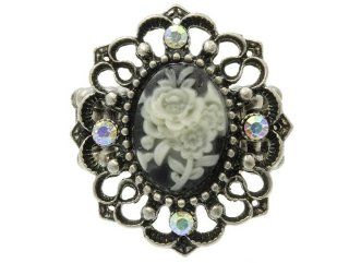 Vintage Victorian Small Black Flower Cameo Fashion Ring Jewelry