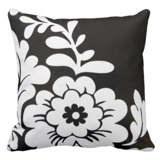 Black White Retro Floral Design Throw Pillow