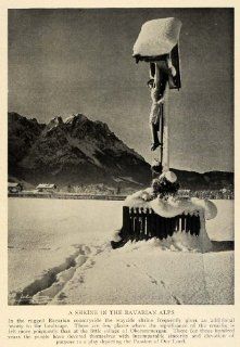 1930 Crucifix Wayside Shrine Bavarian Alps Germany Oberammergau Snow Winter Lord   Original Halftone Print  