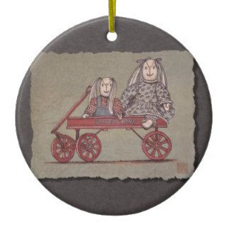 Red Wagon, Rabbit & Dolls Christmas Ornament