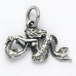 Sterling Silver Mermaid Playing with Seahorse Pendant/Charm Jewelry