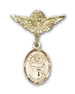 JewelsObsession's 14K Gold Baby Badge with St. Casimir of Poland Charm and Angel with Wings Badge Pin Jewels Obsession Jewelry