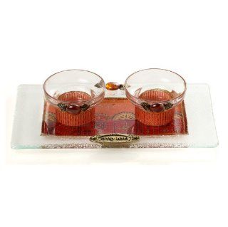Short Glass Shabbat Candlesticks with Floral Arrangement and Tray   Candleholders