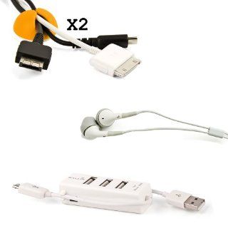 Computer Desk Organizer Accessories Kit ; Samsung Galaxy S III ( Galaxy S3, SGH i577 ) White Mobile Phone Charger USB 2.0 HUB + x2 Golden Yellow Cable Organizers + White Universal Earbud Earphones  Office Desk Organizers 