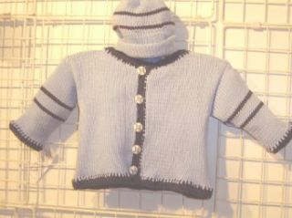 Ck625bd, . Knitted on Hand Knitting Machine Then Finished By Hand Crochet Infant Boys Outfit, Containing Blue Cotton with Denim Cotton Stripe Cardigan Sweater, Hat Set Infant And Toddler Sweaters Clothing