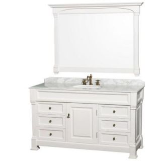 Wyndham Collection Andover 60 in. Single Vanity in White with Marble Vanity Top in Carrara White with Porcelain Sink and Mirror WCVTRAS60SWHCMUNDM56
