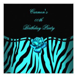 Elegant Zebra Teal Blue Rose Birthday Party Personalized Invite