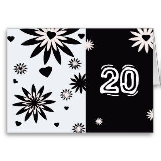 20th birthday, black & white flowers, hearts greeting card