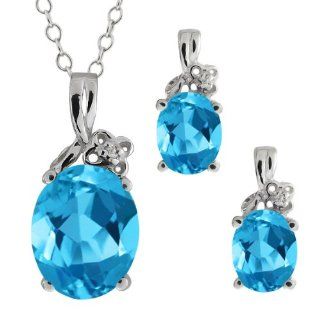 5.87 Ct Oval Swiss Blue Topaz Gemstone 18k White Gold Pendant Earrings Set Jewelry Sets Jewelry